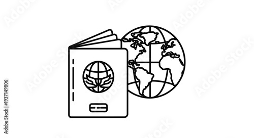 Open passport illustration rests beside a simple outline of the planet Earth symbolizing international travel documentation and global navigation.