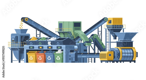 Automated Waste Recycling Plant Illustration - Sorting and Processing Facility for Eco-Friendly Sustainable Waste Management