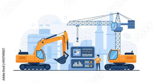Smart Construction Management with Heavy Equipment and Data Analytics Dashboard. Digital Project Oversight, Excavators, and Crane Illustration.