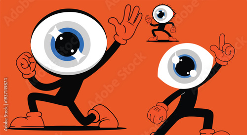 Collection of stylized cartoon eyeball characters striking various dynamic poses suitable for branding or digital illustration projects on transparent background