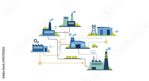 Industry 4.0 Smart Factory Network Diagram. IIoT, Connected Manufacturing, Digital Supply Chain & Logistics System Automation Illustration.