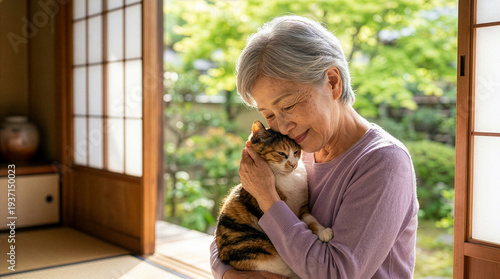 シニア女性が飼い猫を愛おしく撫でている