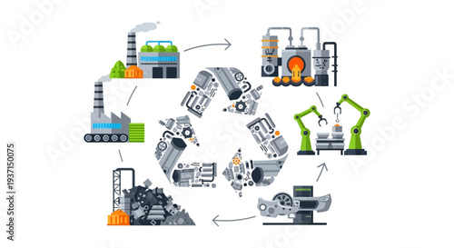 Circular Economy & Industrial Recycling Process. Sustainable Manufacturing Cycle with Waste Management, Robotic Arms, and Modern Production.