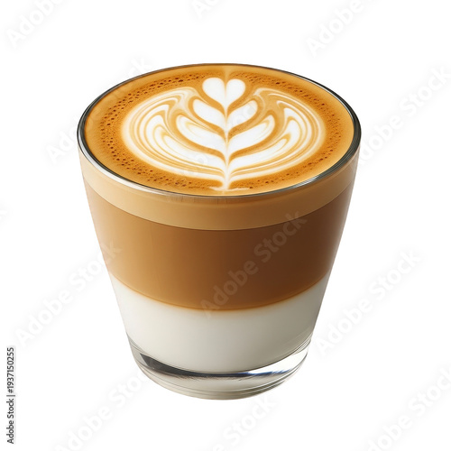 Delicious latte coffee with beautiful latte art in modern glass cup