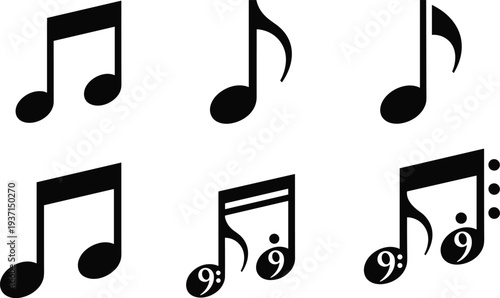Music note icon vector set including quarter eighth and beamed notes musical notation symbols isolated black design illustration