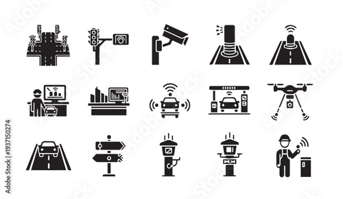 Smart city infrastructure and technology icons for urban planning and innovation