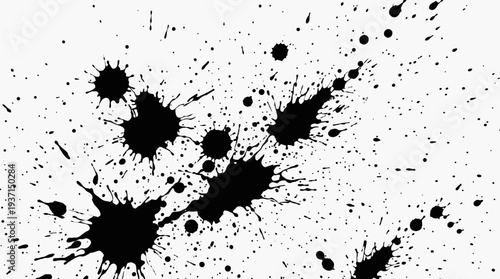 Black ink splatters on white background, abstract design elements.