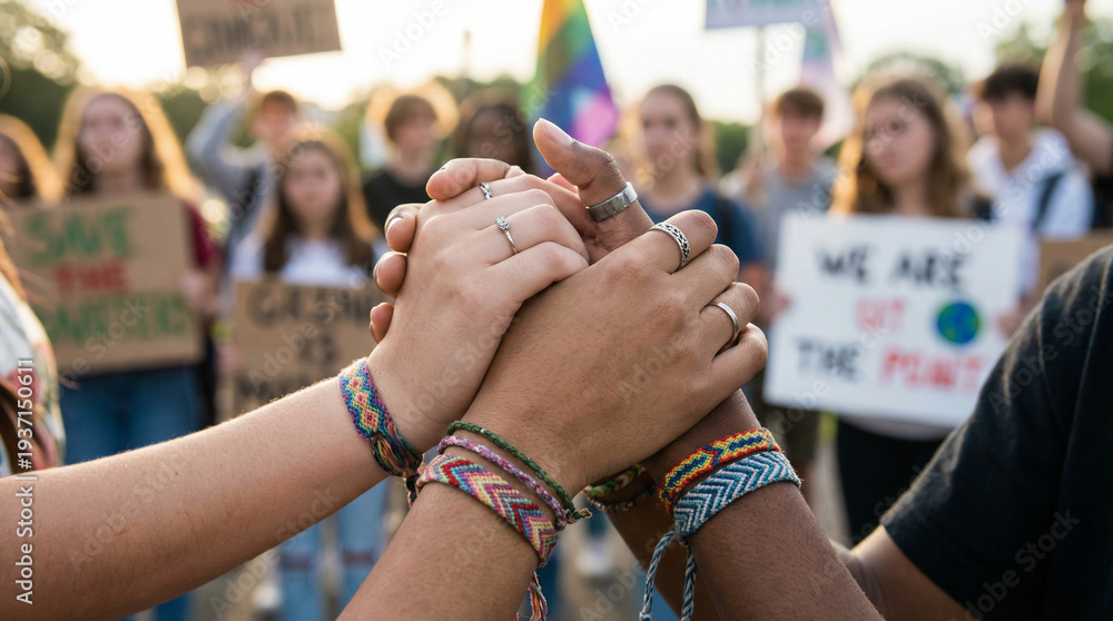 Obraz premium Teen couple holding hands at protest, showing solidarity and unity 