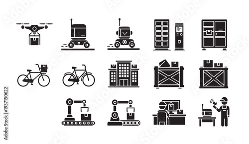 Logistics and delivery icons set including drone, truck, robot, and warehouse