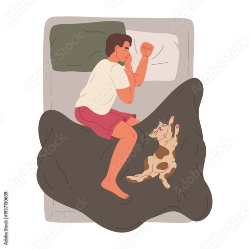 Sleeping man. Male character resting in bed with cute cat, guy and his pet relaxing in cozy bed flat vector illustration. Cartoon sleeping person on white