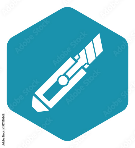 Utility knife cutting tool icon in blue hexagon for design editing, crafting, and DIY applications