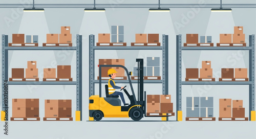 Warehouse forklift operator efficiently moving packages on pallets for logistics and distribution.