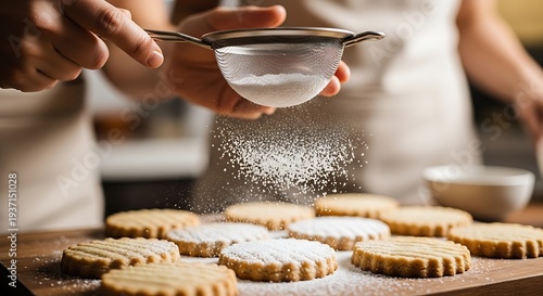 Cookies dusted with powdered sugar, baking at home concept