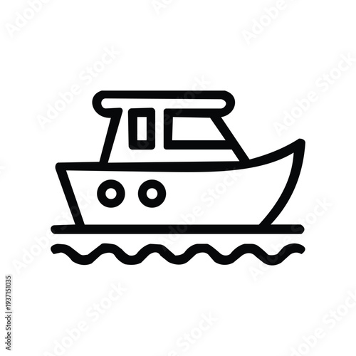 Simple line drawing of a boat on water with a cabin and wavy lines.  Resizable and Editable. EPS, 10.