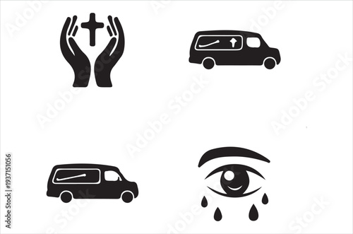 Symbols of death grief and mourning depicted in black and white icons