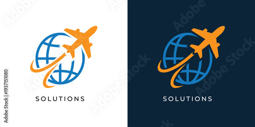 Airplane flying around the globe travel solutions logo design.