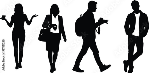 People silhouettes vector set casual men and women standing walking with coffee camera and backpack isolated lifestyle character illustration