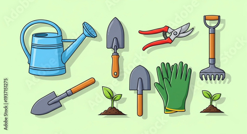 Collection of gardening tools and equipment for planting and maintaining plants in the garden.
