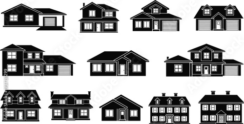 Residential House Silhouette Icon Set with Various Home Building Styles, Cottage, Villa and Garage Symbols for Real Estate Design