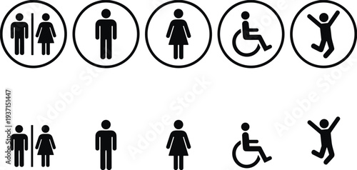 Restroom and accessibility icons set, male female toilet symbols, wheelchair accessible sign collection, public restroom signage vector, universal bathroom symbols illustration