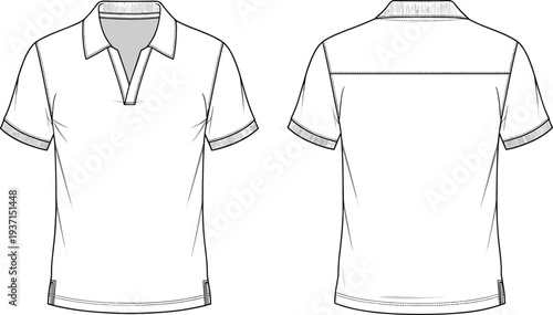 Polo Shirt Technical Fashion Illustration with Front and Back Views for Apparel Design Template, Clothing Mockup and Garment Production