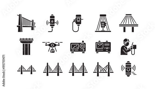 Collection of modern industrial icons with bridges and technology symbols