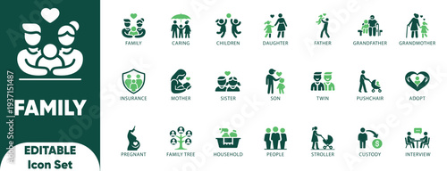 Family Editable Icon Set. caring, grandfather, insurance, father, children, grandparent, and solid icons.