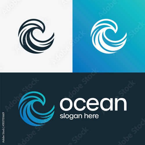 Ocean wave logo design with different color variations and text.