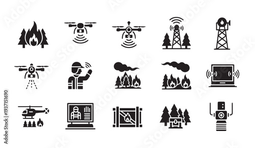 Wildfire detection and monitoring technology icons for emergency response