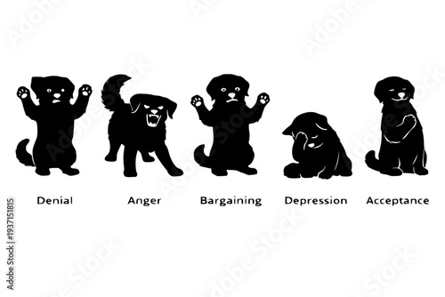 Black Silhouette Dog Icons Showing the 5 Stages of Grief
