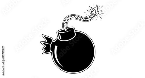 Black bomb with lit fuse ready to explode, dangerous explosive device.