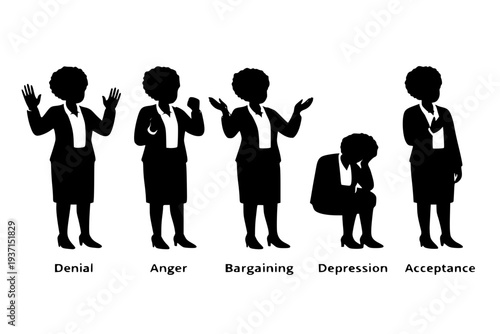 African American Businesswoman Silhouette Showing the 5 Stages of Grief
