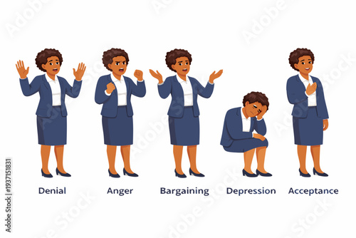 African American Businesswoman Showing the 5 Stages of Grief Flat Vector Illustration