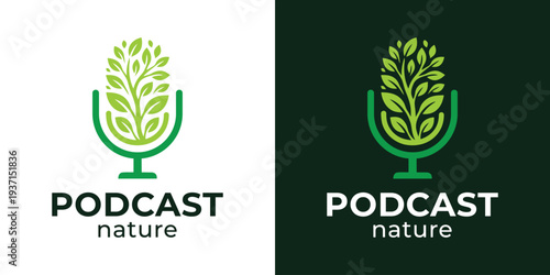 Podcast nature logo with microphone and green leaves design.
