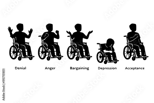 Black Silhouette Wheelchair User Showing the 5 Stages of Grief
