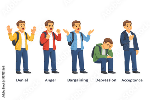 College Student Showing the 5 Stages of Grief Flat Vector Illustration