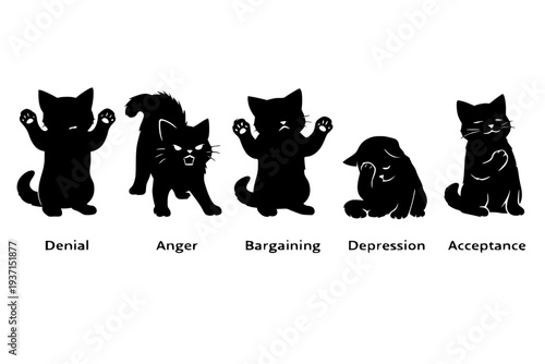 Black Silhouette Cat Icons Showing the 5 Stages of Grief