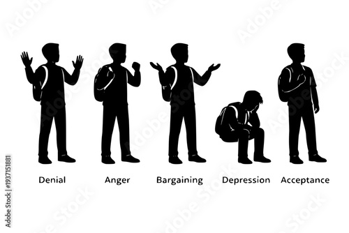 Student Boy Silhouette Showing the 5 Stages of Grief Vector Icon Set