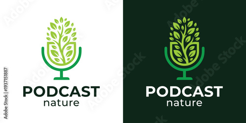 Podcast nature logo design with microphone and leaves green color.