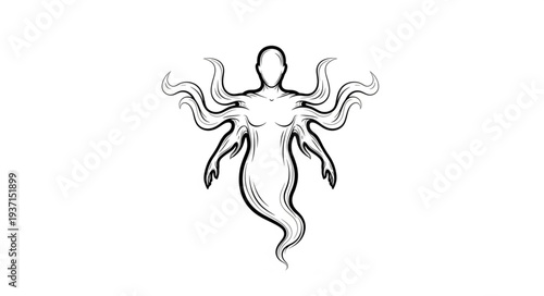 Mystical ethereal being with multiple arms and a flowing, spectral form, floating gracefully.