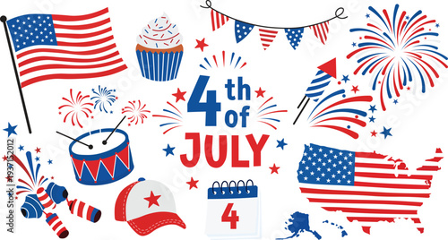 Fourth of July Illustration with American Flag, Fireworks, Cupcake, and Patriotic Symbols in Red, White, and Blue.