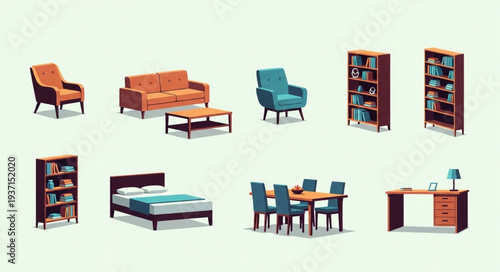 Collection of various furniture items for home interior design and decoration.