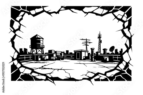 Urban rooftop black and white vector illustration with a shattered frame. Features a water tower, communication antennas, and city buildings. Ideal for distressed cityscapes, post-apocalyptic graphic