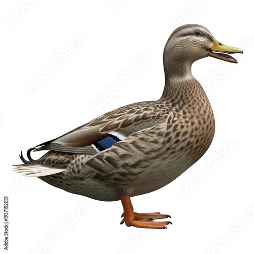 Mallard duck standing with mouth open in profile view