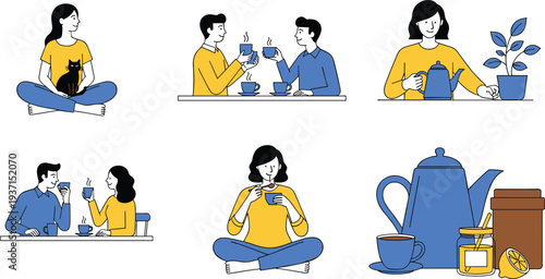 People drinking tea illustration collection, cozy tea time lifestyle scenes, teapot cups and characters, relaxing beverage vector set