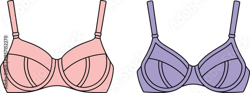 Women underwire bra fashion illustration set, classic lingerie bra front view design template, feminine underwear apparel flat technical drawing