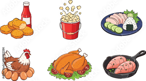Food and Cooking Collection Cartoon Vector Set with Fried Chicken Popcorn Sushi Eggs Roast Chicken and Sausage Skillet