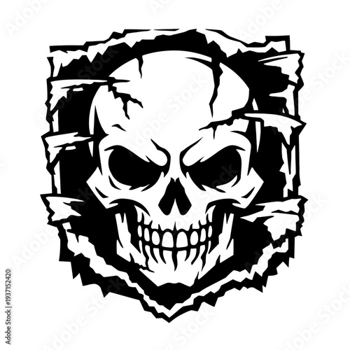 Striking black and white aggressive skull graphic, breaking through a distressed, jagged-edged frame. Menacing human skeleton head with prominent dark eye sockets, exposed sharp teeth, cracked cranium