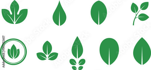 Collection of nine stylized green leaf icons in grid layout, symbolizing eco-friendly design, sustainability, organic nature, environmental branding, and natural product packaging concepts.