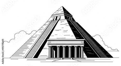 Architectural illustration of a grand pyramid structure with detailed design and columns.
